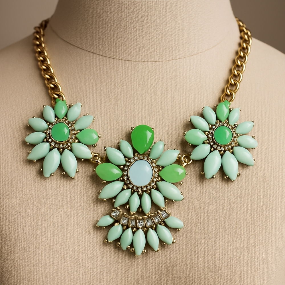 Gold Link Necklace with Mint Marquise Stones — Chunky Statement Jewelry, Bridal